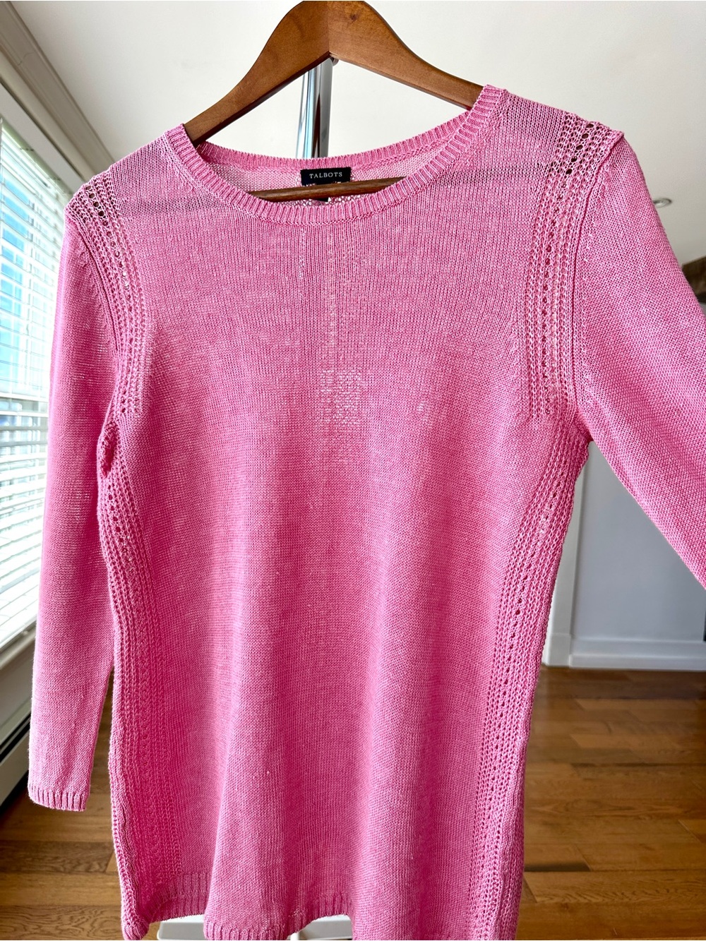 Talbots Pink Crewneck Knit Top, 3/4 Sleeves, 💯 Linen Knit